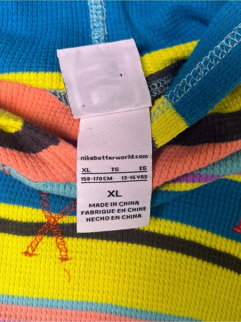 VTG Nike Y2K Neon Striped Waffle Knit Thermal Hoodie Pullover Girls L Women XS/S
